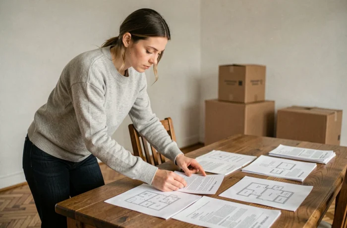 Jeune femme consultant des documents immobiliers et des plans d'appartement pour préparer son déménagement en zone tendue