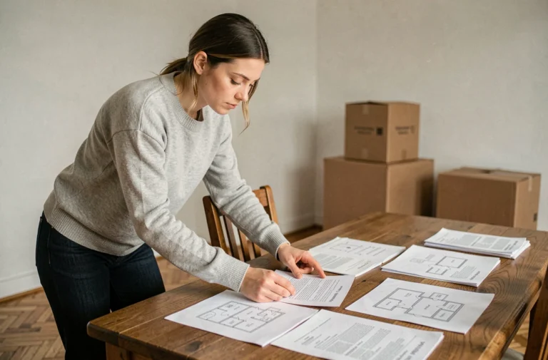 Jeune femme consultant des documents immobiliers et des plans d'appartement pour préparer son déménagement en zone tendue