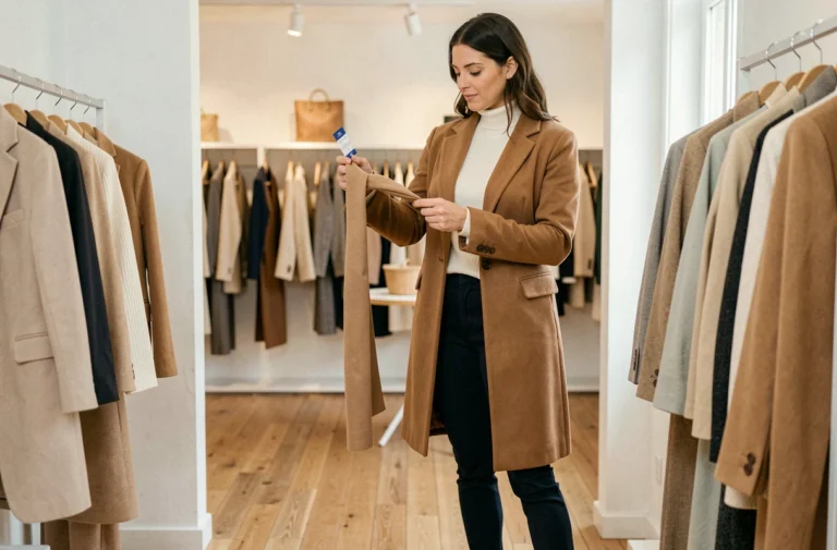 Femme élégante en manteau camel explorant les tendances mode dans une boutique minimaliste