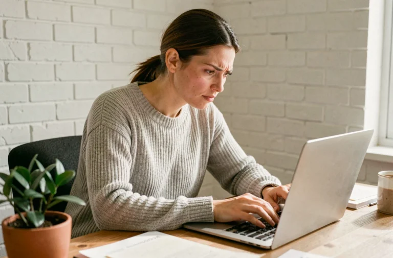 Femme en télétravail rédigeant un email à Cetelem sur son ordinateur portable pour gérer un crédit en cours
