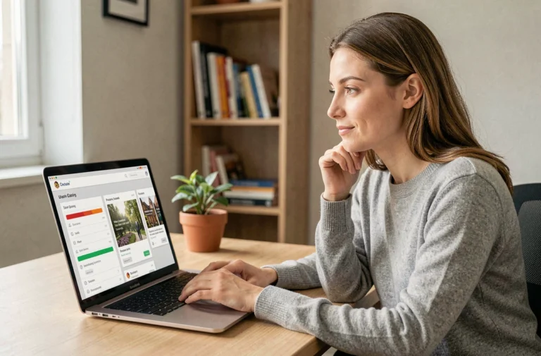 Femme concentrée devant son ordinateur portable suivant une formation en ligne sur l'application Formalabs depuis son bureau à domicile
