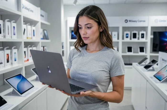 Femme découvrant un laptop ultraportable dans un magasin d'électronique high-tech avec rayonnages de produits technologiques