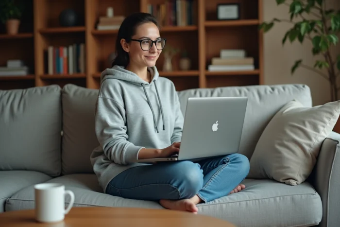 Une femme utilisant un logiciel alternatif à Format Factory sur son ordinateur portable dans un salon confortable