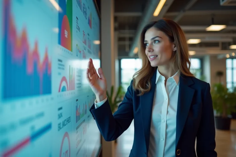 Femme professionnelle présentant des solutions digitales sur un écran tactile dans un bureau moderne