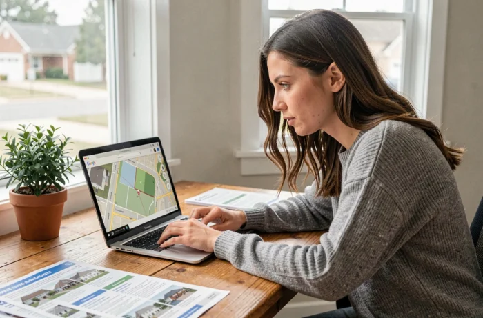Femme cherchant une maison sur Google Maps depuis son bureau à domicile