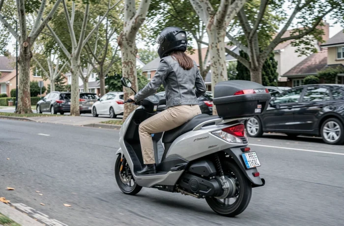 Femme pilotant un scooter 400cc sur une avenue urbaine, vue arrière trois quarts en mouvement