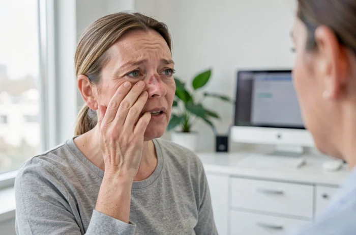 Femme d'âge moyen montrant une tache suspecte sur le nez lors d'une consultation médicale