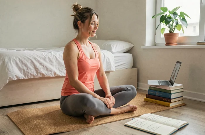 Femme suivant un tutoriel fitness sur ordinateur portable dans sa chambre, assise sur un tapis de yoga en liège avec carnet d'entraînement