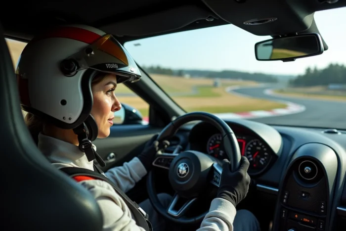 Femme au volant d'une voiture de sport sur circuit pendant un stage de pilotage haute performance