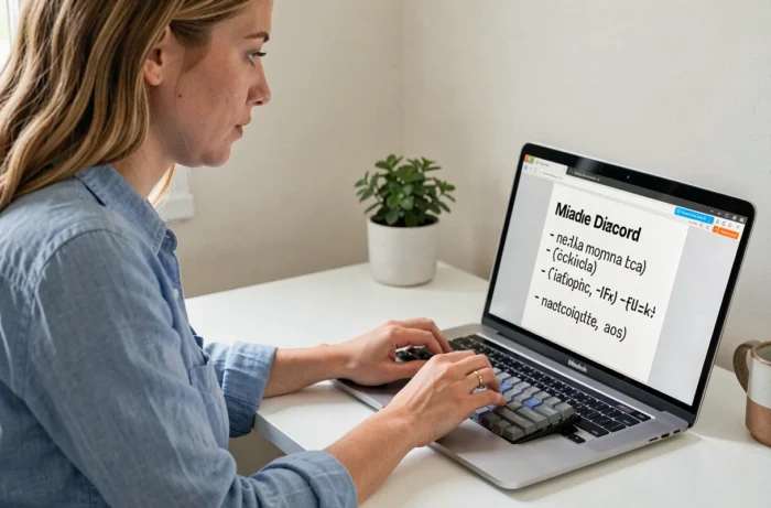 Femme tapant des commandes de formatage de texte sur Discord depuis un ordinateur portable dans un bureau épuré