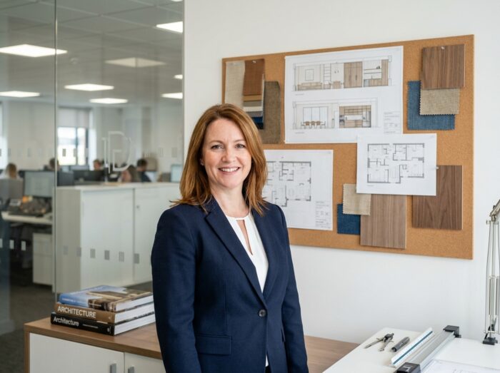 Formatrice en architecture d'intérieur présentant des élévations et plans de mobilier affichés sur un tableau mural dans un bureau de design professionnel