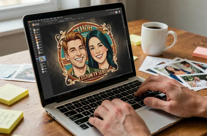 Un écran d'ordinateur montre le générique de série TV personnalisé créé pour le couple de mariés