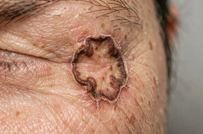 Gros plan d'un grain de beauté asymétrique aux bords irréguliers sur la tempe d'un adulte
