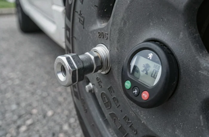 Gros plan sur la valve de pneu et le manomètre numérique posé sur le flanc d'un pneu de Peugeot 2008