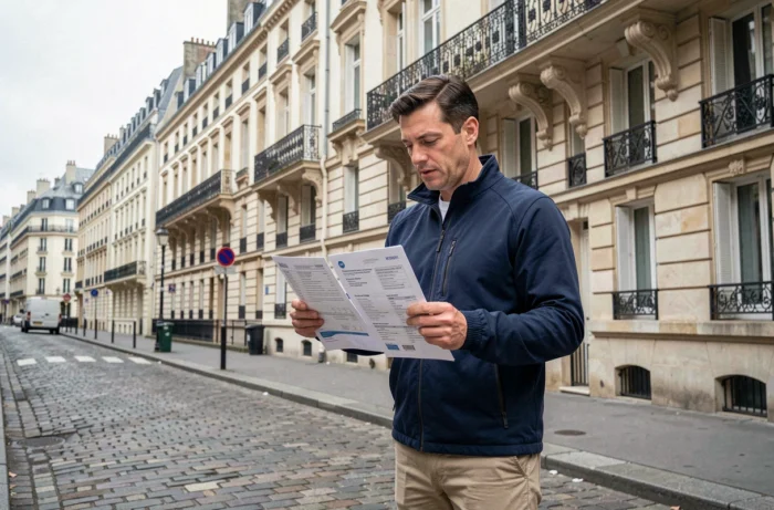 Homme comparant des annonces immobilières dans une rue parisienne au style haussmannien typique des zones tendues