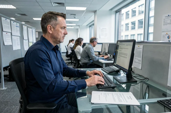 Homme en bureau professionnel consultant un contrat de crédit Cetelem et envoyant un email depuis son poste de travail