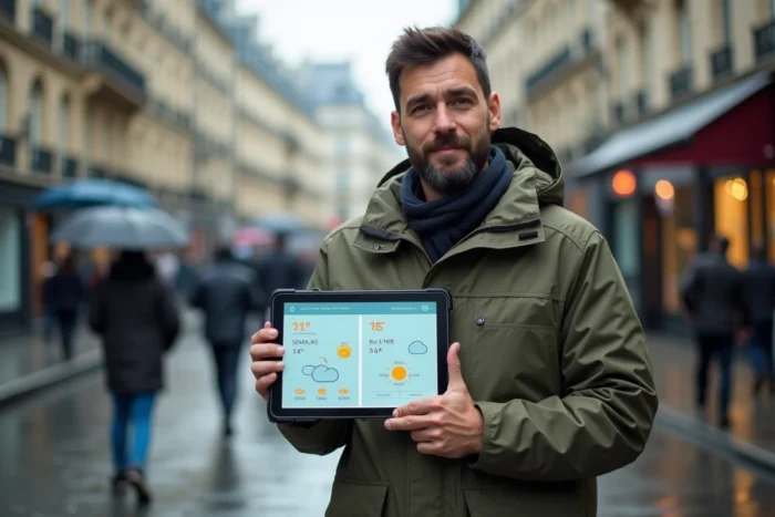 Homme en veste imperméable comparant les sites de La Chaîne Météo et Météo France sur une tablette dans une rue parisienne sous un ciel nuageux