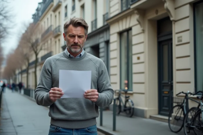 Homme tenant une lettre de demande de logement devant un immeuble parisien