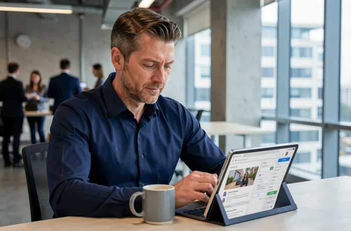 Homme d'affaires en open space consultant une plateforme de formation en ligne sur une tablette numérique au bureau