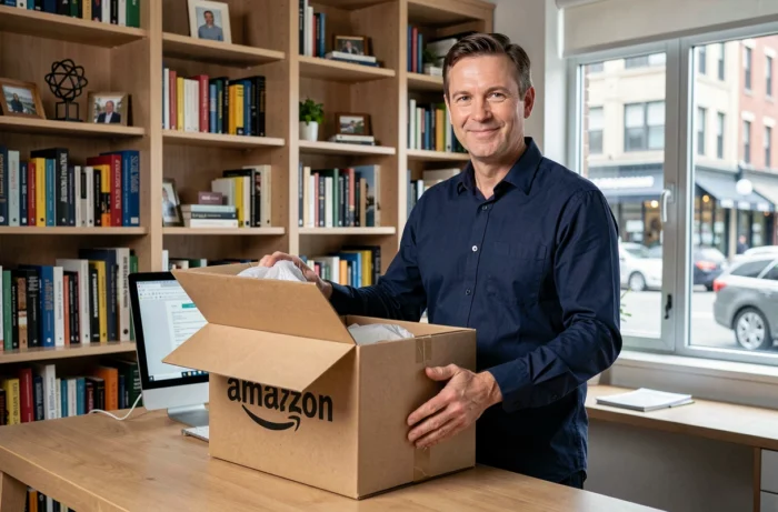 Homme recevant une livraison Amazon Prime rapide dans son bureau à domicile