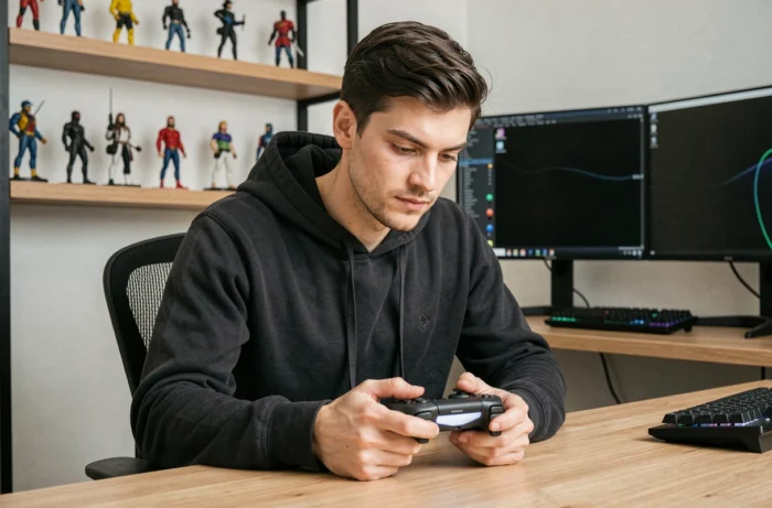 Homme testant une manette de jeu vidéo next-gen dans un bureau gaming moderne avec double écran et figurines de collection