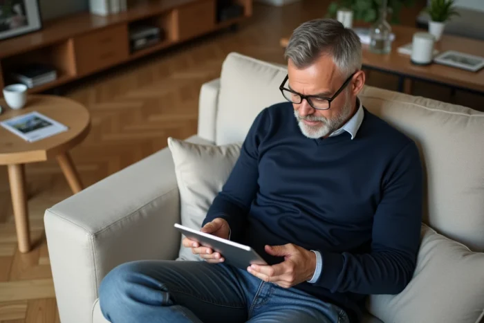 Homme consultant le sitemap d'un site immobilier sur une tablette dans un salon contemporain