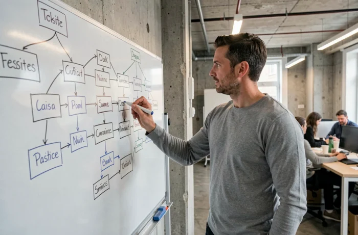 Homme présentant un plan de site sur tableau blanc dans un espace de coworking, représentant l'architecture et la structure d'un site internet