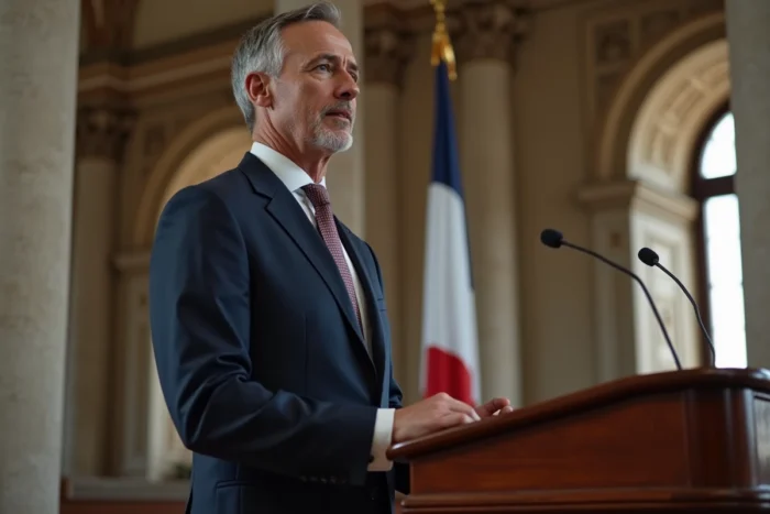 Homme politique français en costume marine au pupitre dans une salle institutionnelle élégante, portrait éditorial illustrant les valeurs et la personnalité d'un responsable public