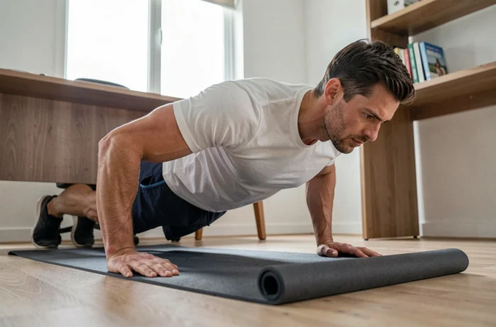 Homme faisant des pompes sur un tapis de sport dans un espace bureau aménagé à la maison, ambiance réaliste et naturelle