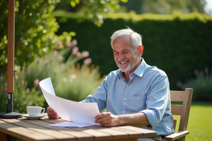 Homme de 60 ans souriant qui consulte des documents de retraite dans son jardin, illustrant la retraite anticipée avec tous ses trimestres