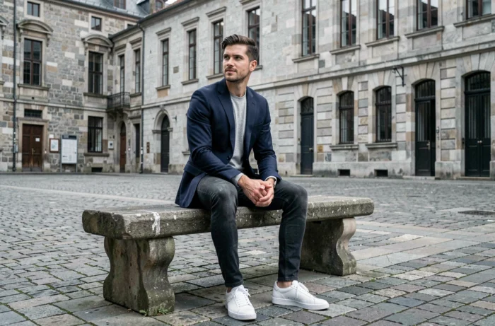Homme stylé en blazer marine assis dans une plaza urbaine aux pavés européens