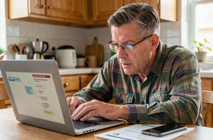 Homme d'âge moyen suivant un guide pratique informatique sur un ordinateur portable dans sa cuisine