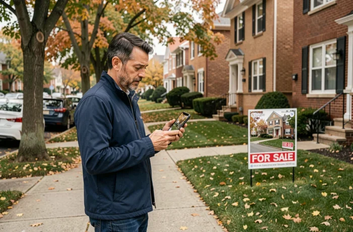 Homme comparant une maison réelle avec Google Maps sur smartphone dans une rue résidentielle