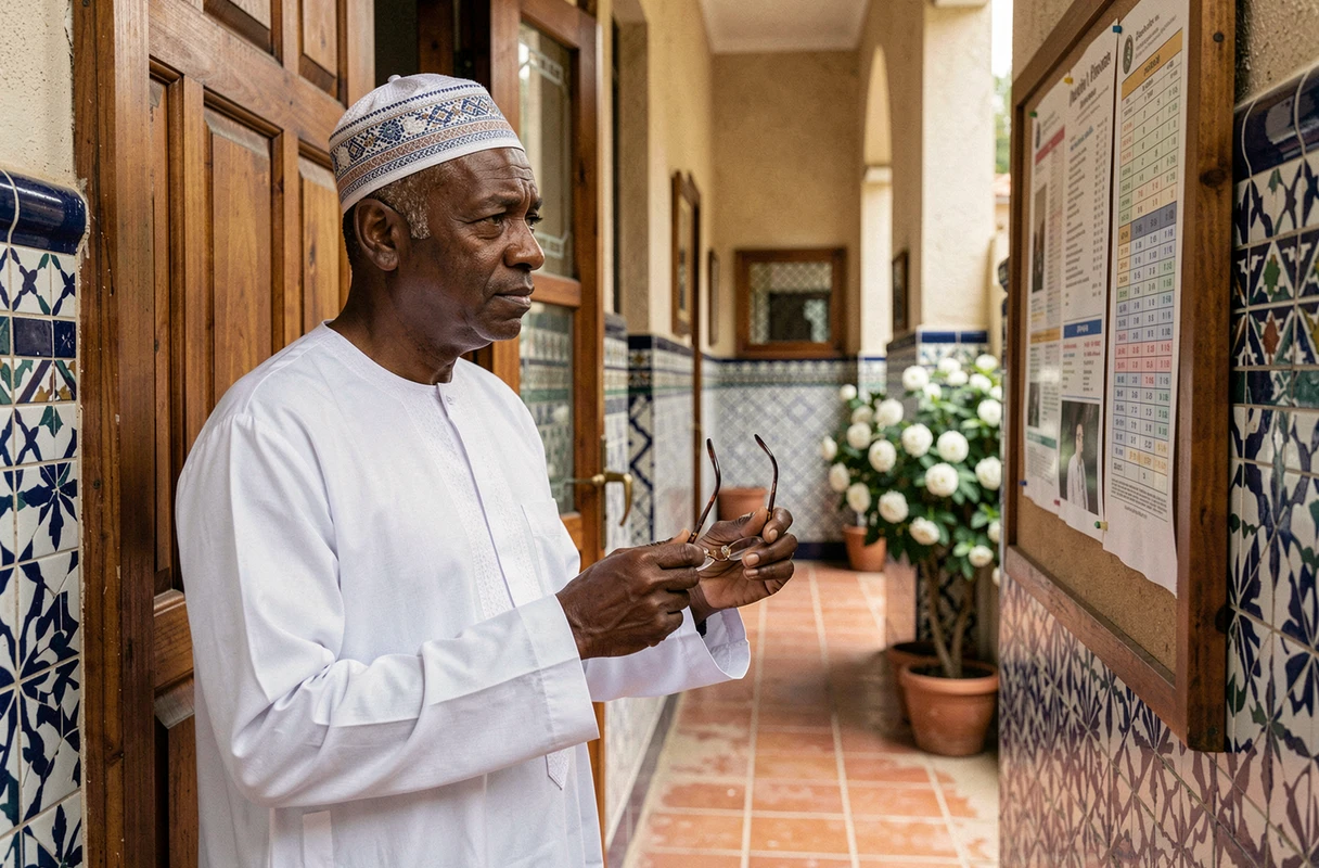 Homme consultant les horaires de prière affichés à l'entrée d'une mosquée à Montpellier