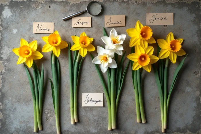 Vue en plongée d'un arrangement pédagogique de tiges de jonquilles et narcisses sur un muret en pierre, avec une carte botanique manuscrite et une loupe pour identifier les différences