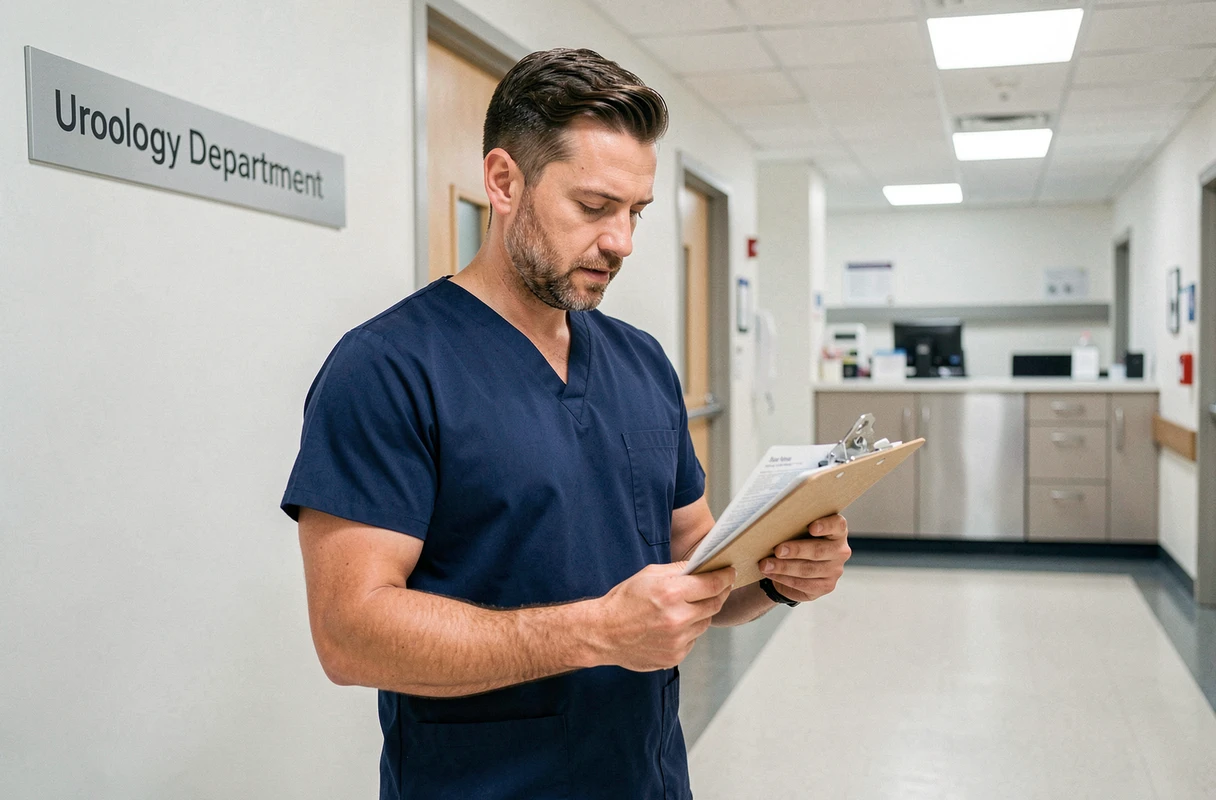 Infirmier en service dans un couloir d'hôpital consultant un dossier médical urologique