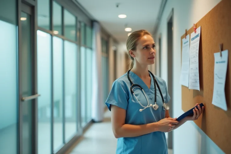 Infirmière en reconversion tenant un stéthoscope et une bande de résistance dans un couloir de clinique de rééducation, illustrant la transition vers le métier de kinésithérapeute