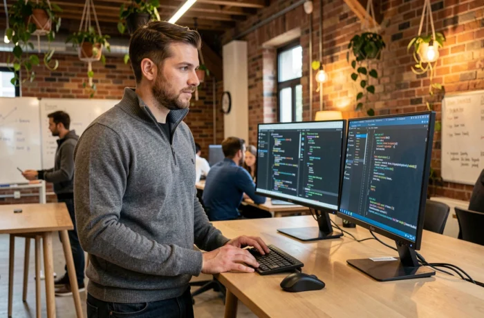 Ingénieur informatique travaillant sur du code dans un open space moderne d'une startup française, illustrant les métiers tech bien payés avec un salaire de 5000 euros