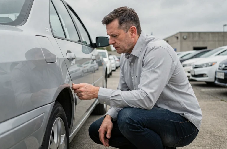 Homme inspectant la carrosserie d'une voiture d'occasion dans un parc automobile, conseils achat véhicule d'occasion