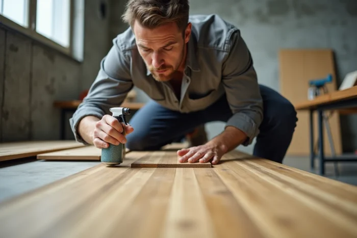 Homme inspectant des lames de parquet en bambou dans un atelier avant traitement