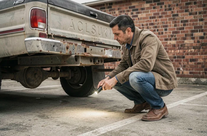 Homme inspectant la carrosserie et le châssis d'un pick-up 4x4 d'occasion lors d'une vérification avant achat
