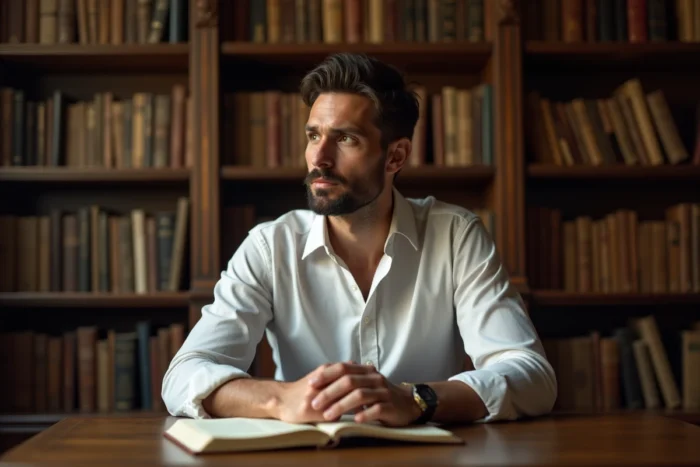 Homme intellectuel et réfléchi assis dans une bibliothèque personnelle entourée de livres de philosophie, évoquant les convictions profondes et la culture d'un personnage public engagé