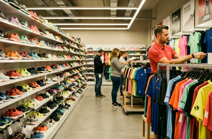 Intérieur d'un magasin Intersport avec rayons de chaussures de sport et équipements