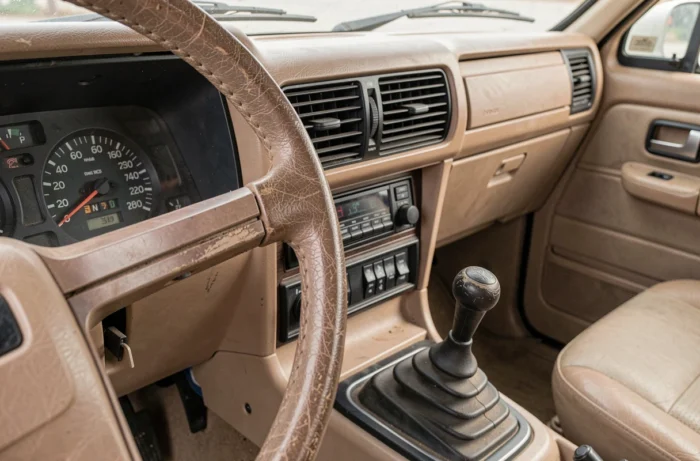 Tableau de bord intérieur d'un pick-up 4x4 d'occasion avec kilométrage élevé et usure visible sur le volant et les commandes