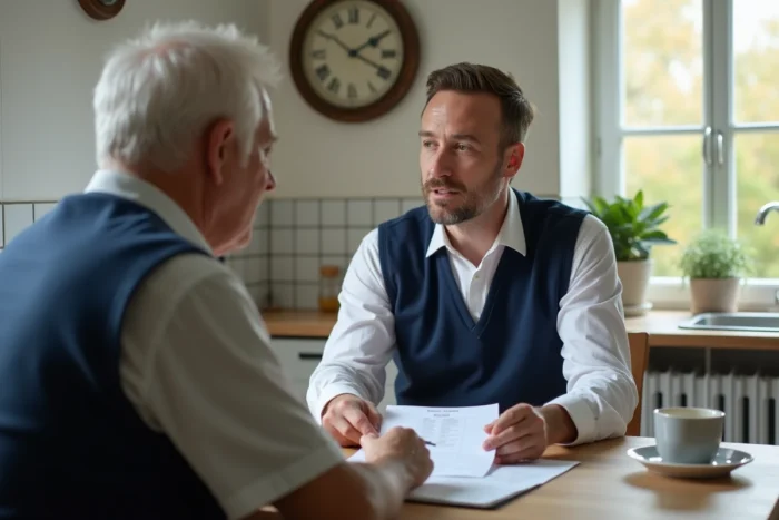 Intervenant ADMR discutant du planning de services à domicile avec un senior