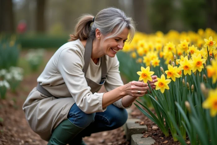 Jardinière en tablier de lin accroupie dans un massif de jonquilles et narcisses en fleurs, observant attentivement les différences entre les deux espèces