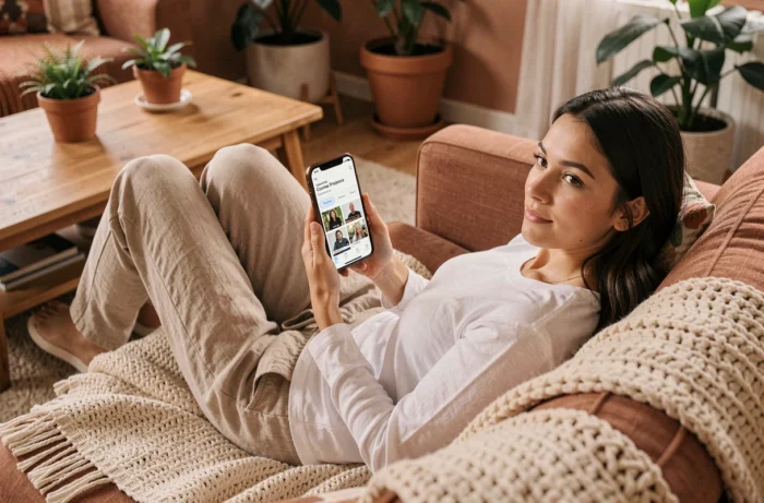 Jeune femme détendue sur un canapé suivant une formation en ligne sur son smartphone avec l'application Formalabs