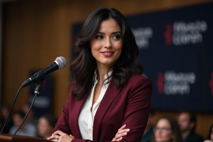 Femme journaliste et personnalité médiatique prenant la parole lors d'un événement public, symbole d'influence éditoriale