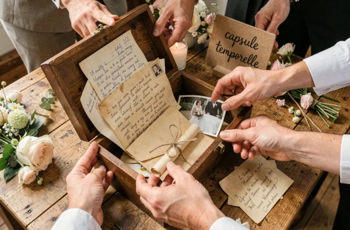 Des invités déposent leurs messages dans un livre d'or capsule temporelle lors de la réception de mariage