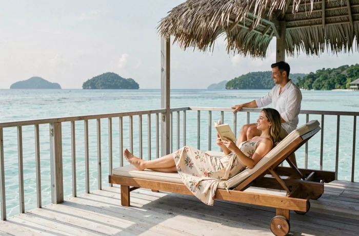 Couple en lune de miel se relaxant sur la terrasse d'un bungalow sur pilotis aux Maldives, avec vue panoramique sur le lagon turquoise et les îles environnantes